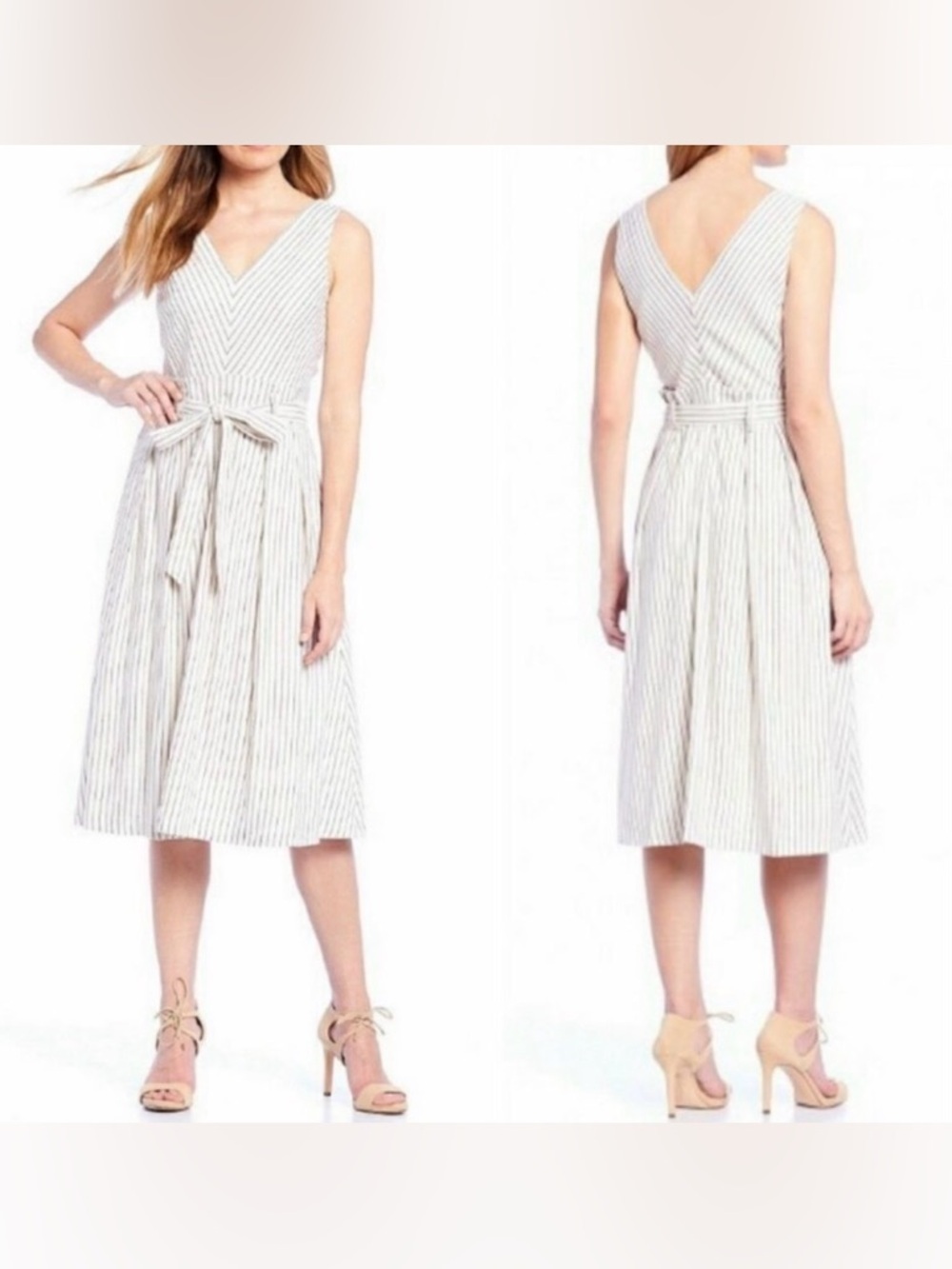 ANTONIO MELANI Striped Linen Midi Dress A-Line Sleeveless Ivory